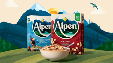 Alpen早餐燕麥谷物麥片打造新品牌與logo設(shè)計(jì)包裝設(shè)計(jì)，阿爾卑斯山插畫元素