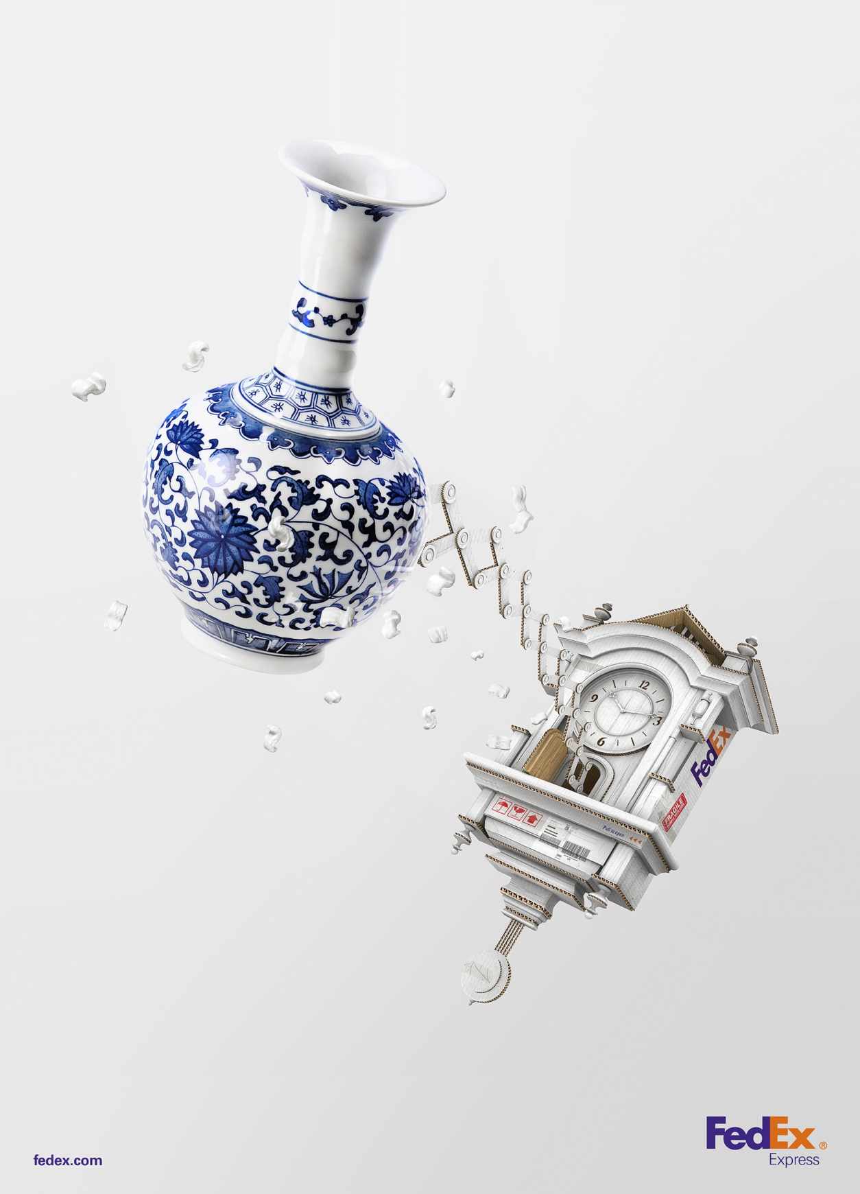 聯邦快遞FEDEX平面廣告創意設計時鐘篇-青花瓷瓶