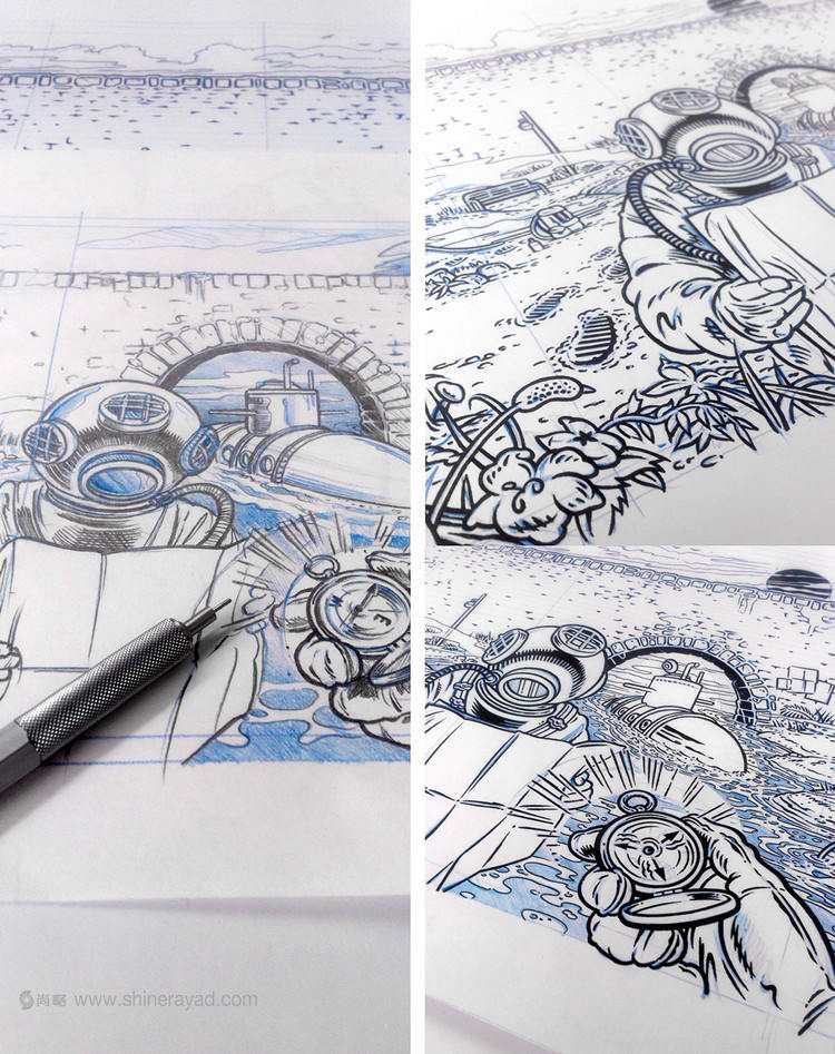Bron 兄弟啤酒易拉潛水罐插畫包裝插畫設(shè)計(jì)-鉛筆素描原始草圖5