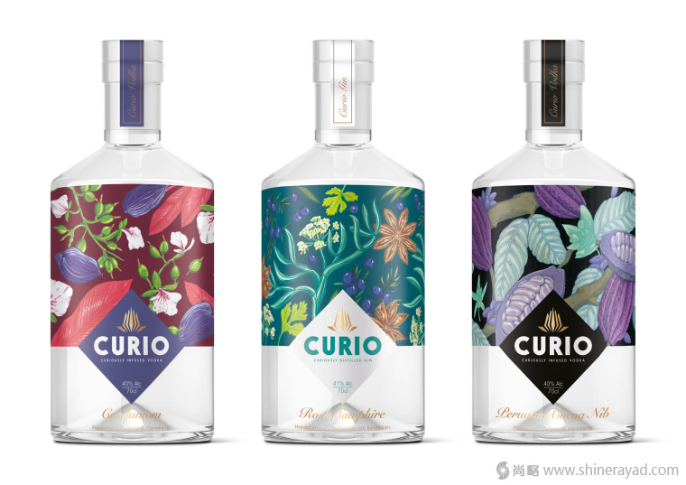國外手繪植物花卉插畫風格洋酒包裝設計-curio杜松子酒和伏特加酒包裝設計2