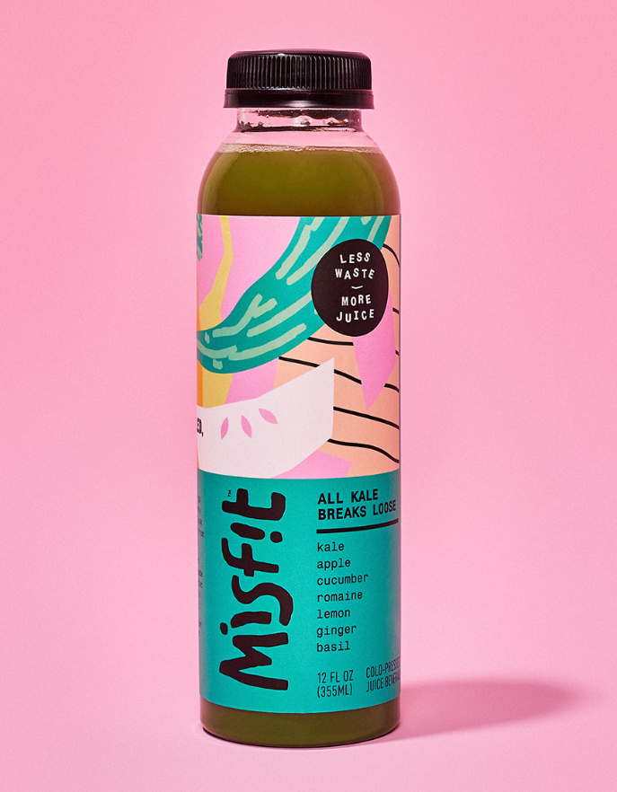 misfit 混合蔬菜水果果汁包裝設計，色彩明亮的自由涂鴉藝術氣質