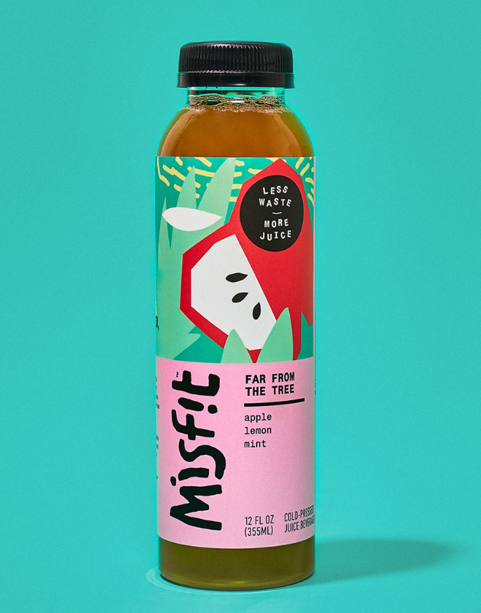 misfit 混合蔬菜水果果汁包裝設計，色彩明亮的自由涂鴉藝術氣質