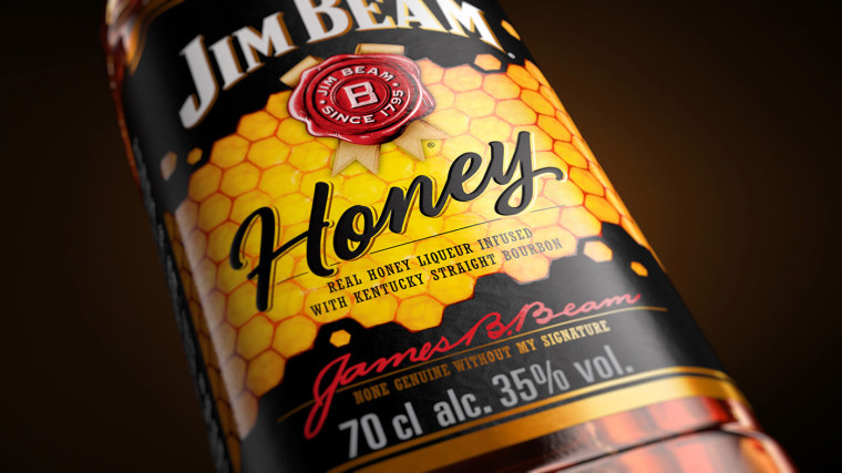 金黃色六邊形圖案 Jim Beam 蜂蜜包裝設(shè)計，極具食欲感