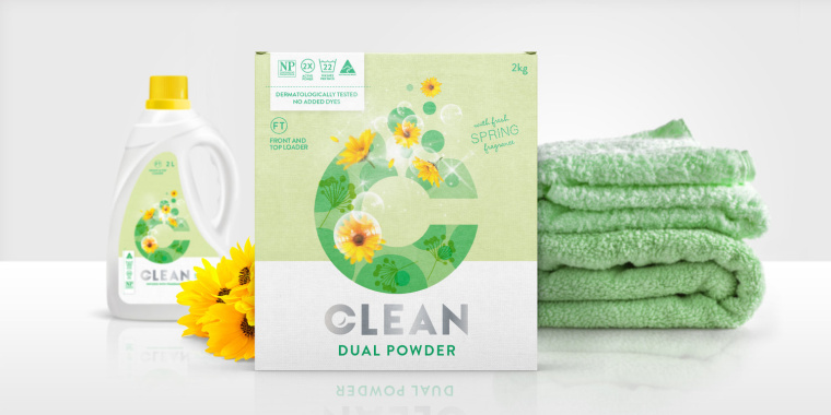 品牌C字母圖形風格 DUAL CLEAN 洗衣粉洗衣劑包裝設計-上海包裝設計公司