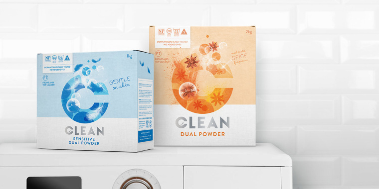 品牌C字母圖形風格 DUAL CLEAN 洗衣粉洗衣劑包裝設計-上海包裝設計公司