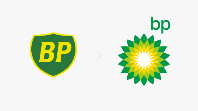 2008年，向日葵樣式的BP標志（右）取代了老盾牌logo（左）-上海品牌logo設計公司