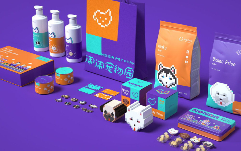 Nonda寵物店商品品牌包裝設計，馬賽克寵物插畫風格