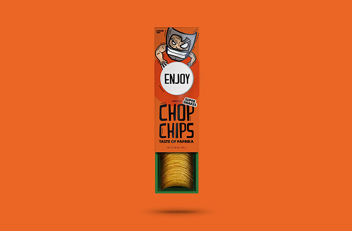 Chop chips 俄羅斯薯片包裝設計，一只卡通小狼仔正在用餐的插畫設計