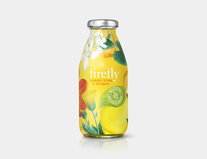Firefly帶有翅膀的飲料包裝設計，配上帶狀線“活化植物”強化健康特性