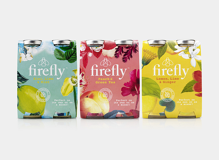 Firefly帶有翅膀的飲料包裝設計，配上帶狀線“活化植物”強化健康特性