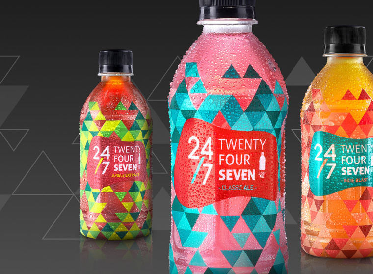 24/7品牌草本植物飲料包裝設計，五顏六色的幾何三角色塊風格包裝設計