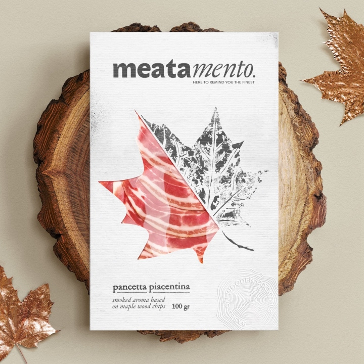 Meatamento熏肉包裝設計，采用葉子造型的開窗紙盒設計