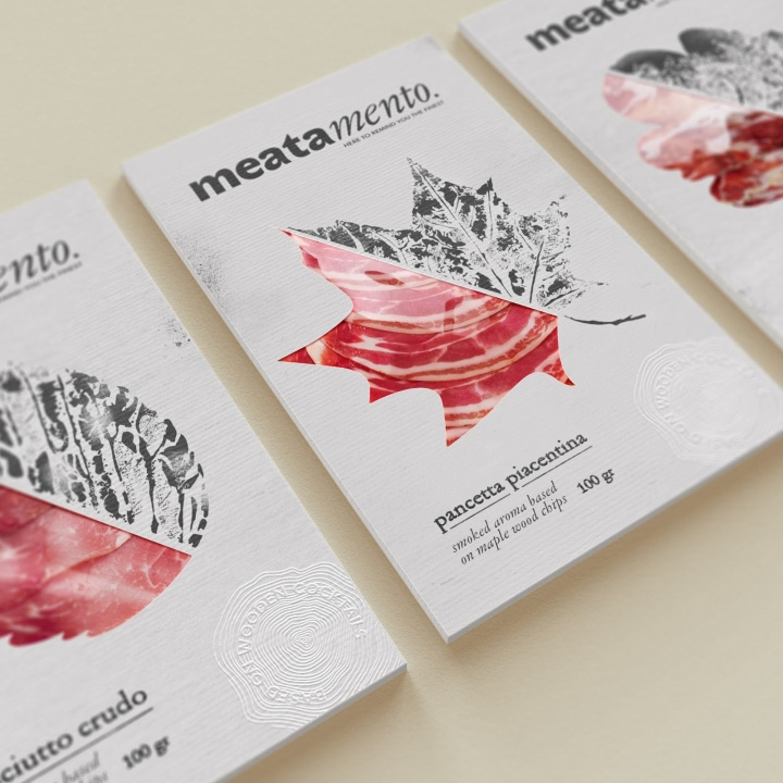 Meatamento熏肉包裝設計，采用葉子造型的開窗紙盒設計