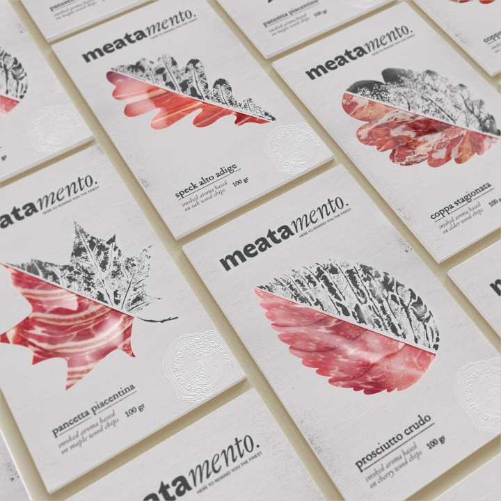 Meatamento熏肉包裝設計，采用葉子造型的開窗紙盒設計