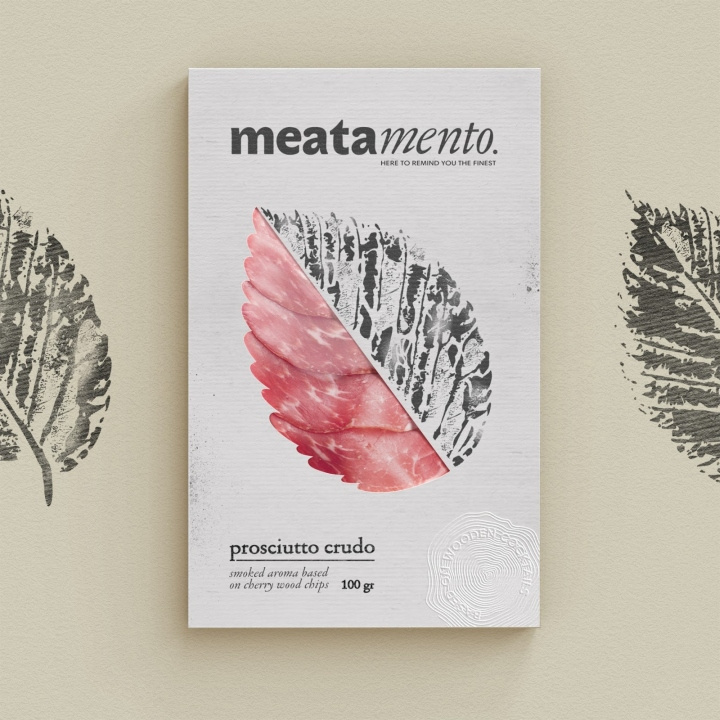 Meatamento熏肉包裝設計，采用葉子造型的開窗紙盒設計