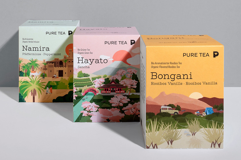 pure tea 純茶有機茶葉包裝設計，13個茶葉原產地風景插圖設計
