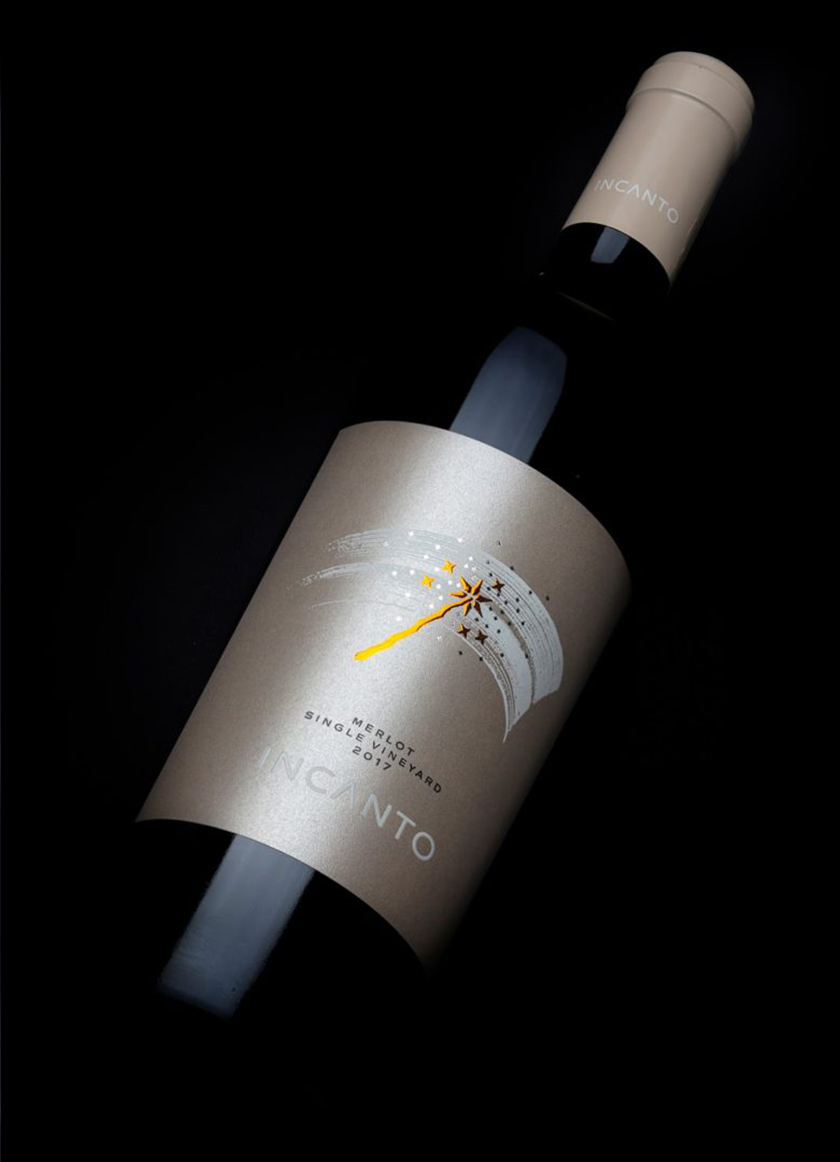 Incanto葡萄酒酒標包裝標簽設計，菜肴凹凸金箔印刷工藝的魔術棒圖案