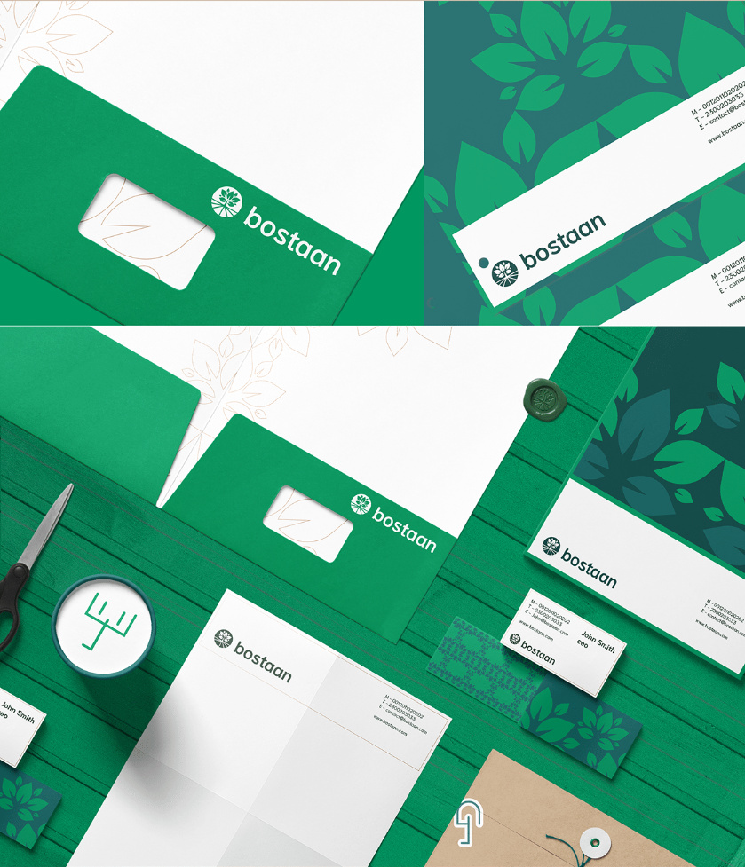 Bostaan 景觀公司logo設計與vi設計，矢量化幾何風格綠葉與根須