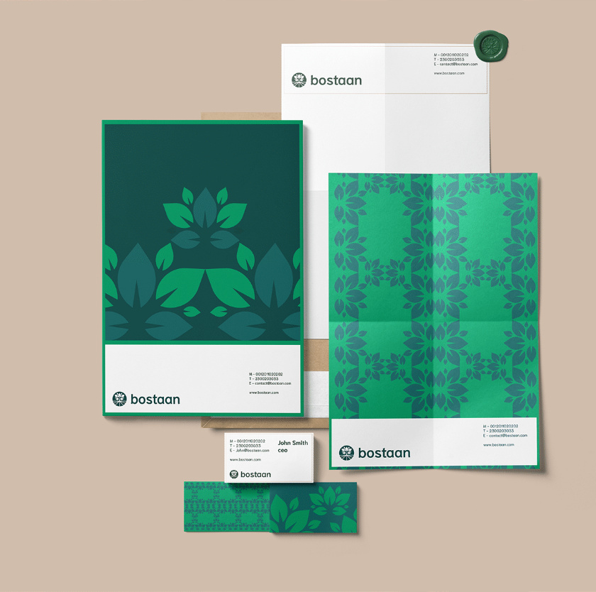 Bostaan 景觀公司logo設計與vi設計，矢量化幾何風格綠葉與根須