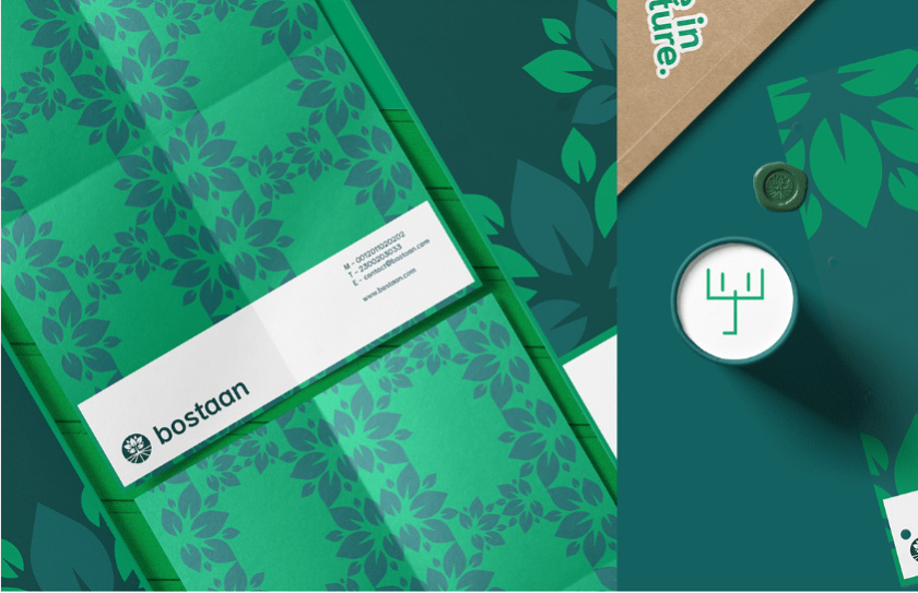 Bostaan 景觀公司logo設計與vi設計，矢量化幾何風格綠葉與根須