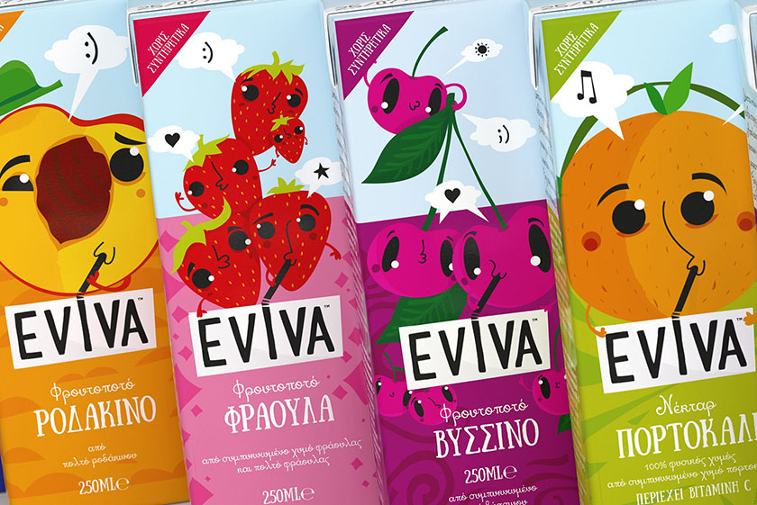 Eviva kids兒童果汁飲料包裝設計插畫設計，可愛水果卡通一起狂歡