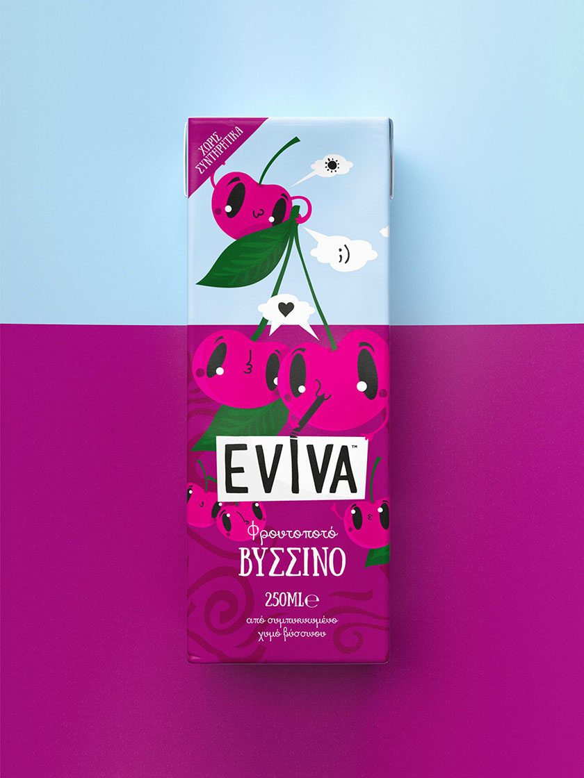 Eviva kids兒童果汁飲料包裝設計插畫設計，可愛水果卡通一起狂歡