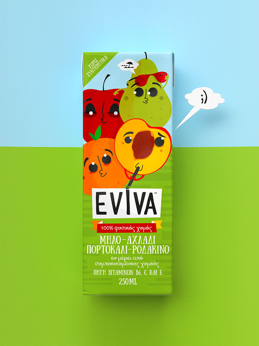 Eviva kids兒童果汁飲料包裝設計插畫設計，可愛水果卡通一起狂歡