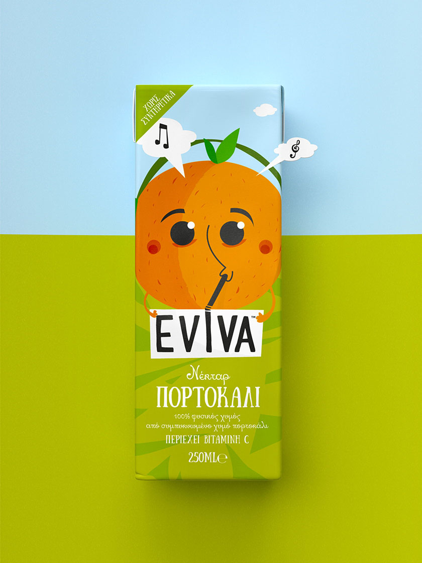 Eviva kids兒童果汁飲料包裝設計插畫設計，可愛水果卡通一起狂歡