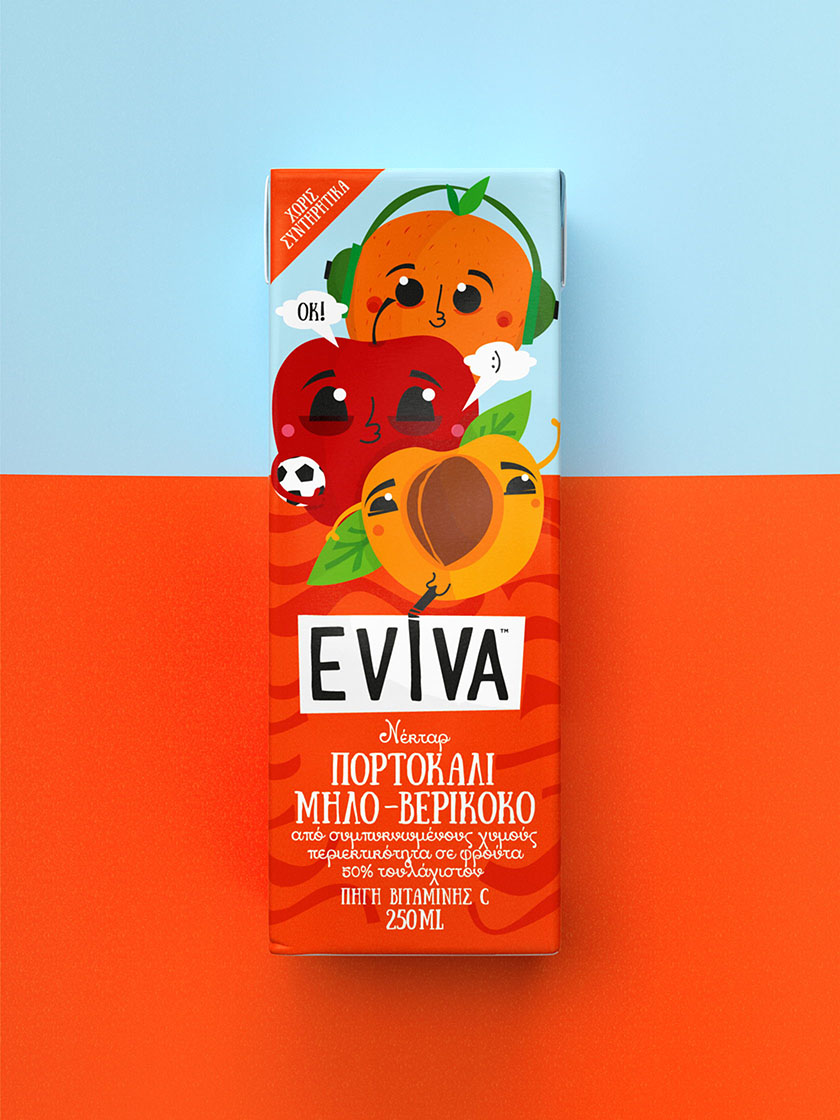 Eviva kids兒童果汁飲料包裝設計插畫設計，可愛水果卡通一起狂歡