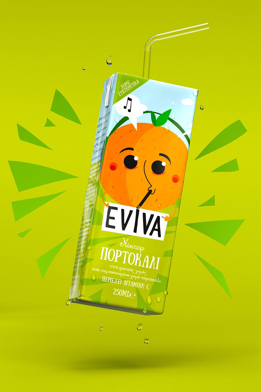 Eviva kids兒童果汁飲料包裝設計插畫設計，可愛水果卡通一起狂歡