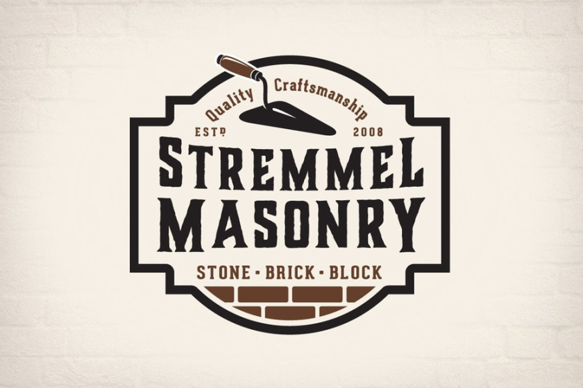 直觀展示型建筑標志設計-標識，文字“stremmel砌筑”，鐵鍬和磚墻頂部