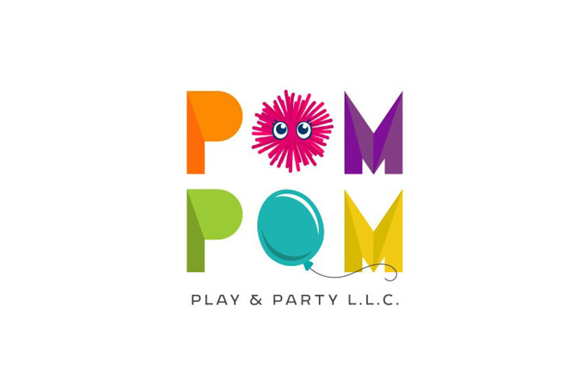 與pom poms和氣球的五顏六色的彩虹商標