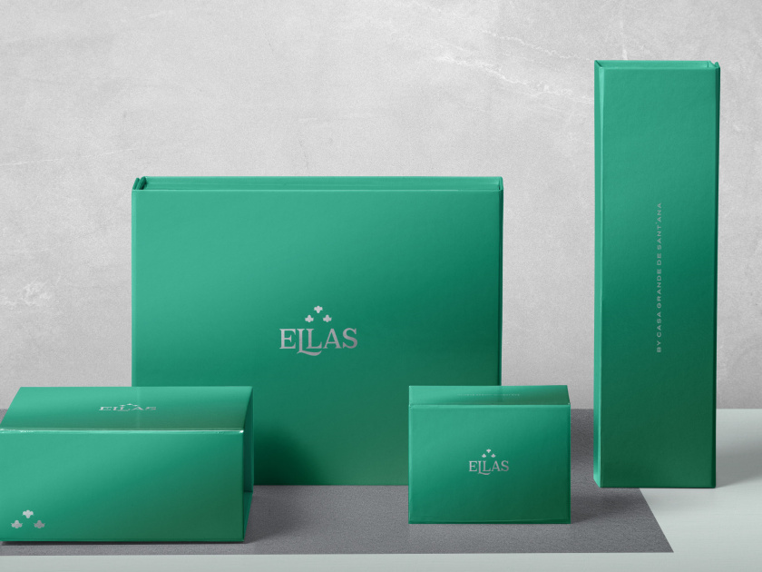 ELLAS珠寶品牌logo設計與品牌vi形象設計，三個花朵徽章