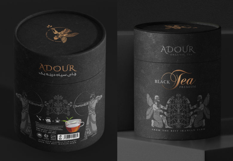 黑色風(fēng)格Adour伊朗紅茶包裝設(shè)計(jì)，波斯第一帝國士兵插畫設(shè)計(jì)