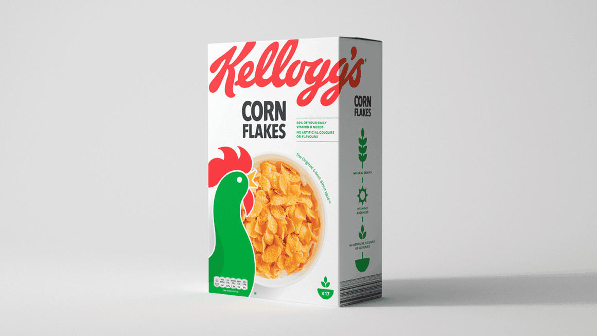 凱洛格早餐桌主食品牌包裝設計，簡約風格突出品牌logo與自然谷物