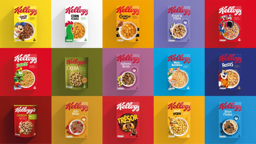 凱洛格早餐桌主食品牌包裝設計，簡約風格突出品牌logo與自然谷物