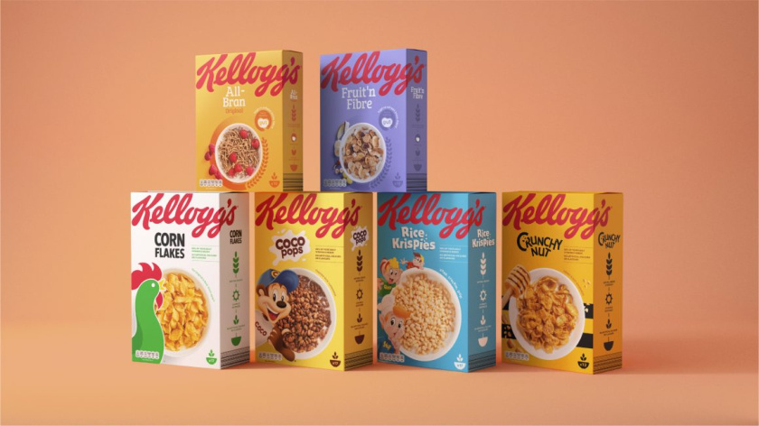 凱洛格早餐桌主食品牌包裝設計，簡約風格突出品牌logo與自然谷物