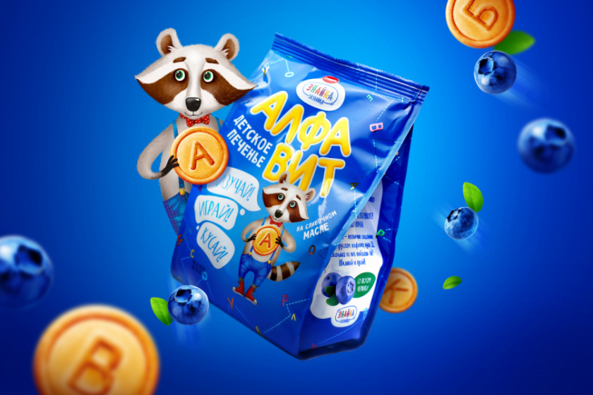 Znayka兒童食品品牌包裝設計，歡快的浣熊Yasha吉祥物設計
