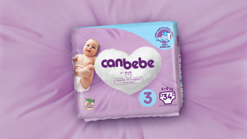 Canbebe 坎貝嬰兒尿布包裝設(shè)計(jì)，一團(tuán)心形的棉花圖案+嬰兒照片