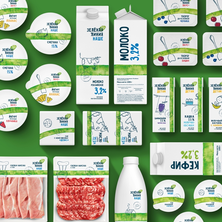 綠線食品乳制品鮮肉產品品牌包裝設計，手繪綠線超級視覺符號
