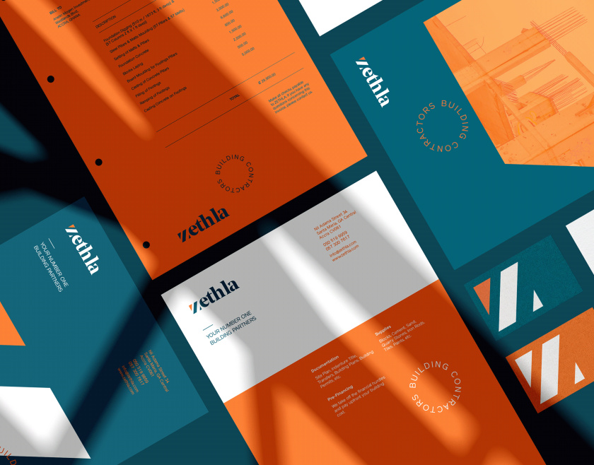 Zethla 建筑公司logo設計vi設計，正方形被斜切出字母Z+藍橙工業配色