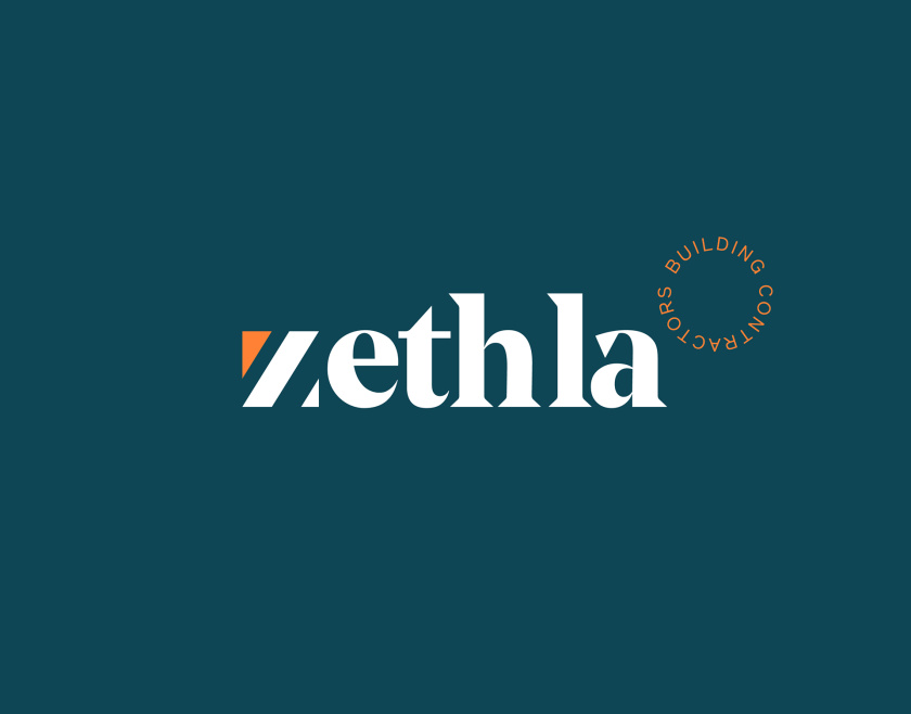 Zethla 建筑公司logo設計vi設計，正方形被斜切出字母Z+藍橙工業配色