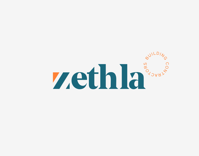 Zethla 建筑公司logo設計vi設計，正方形被斜切出字母Z+藍橙工業配色