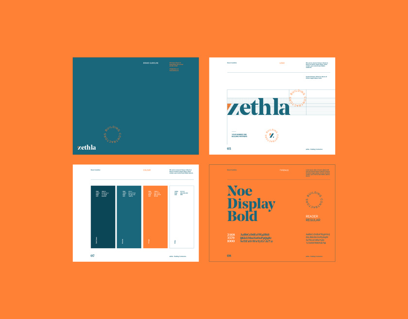 Zethla 建筑公司logo設計vi設計，正方形被斜切出字母Z+藍橙工業配色