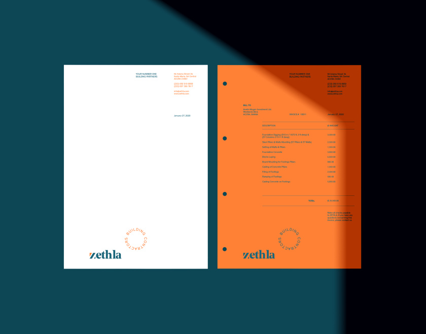 Zethla 建筑公司logo設計vi設計，正方形被斜切出字母Z+藍橙工業配色
