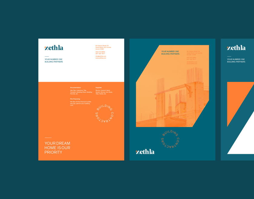 Zethla 建筑公司logo設計vi設計，正方形被斜切出字母Z+藍橙工業配色