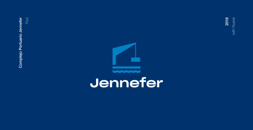Jennefer國際港口品牌vi形象設計logo設計，大型起吊機元素與沉穩活力藍色配色
