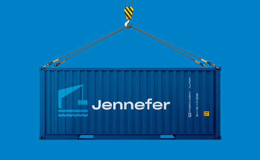 Jennefer國際港口品牌vi形象設計logo設計，大型起吊機元素與沉穩活力藍色配色
