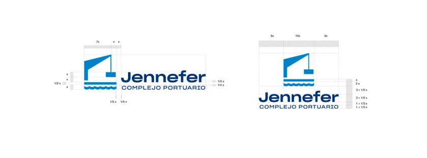 Jennefer國際港口品牌vi形象設計logo設計，大型起吊機元素與沉穩活力藍色配色