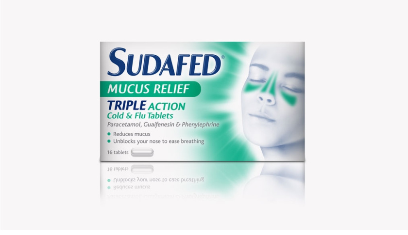 蘇達(dá)飛Sudafed 鼻子和鼻竇充血劑藥品包裝設(shè)計，標(biāo)志性的臉部圖形表達(dá)癥狀緩解